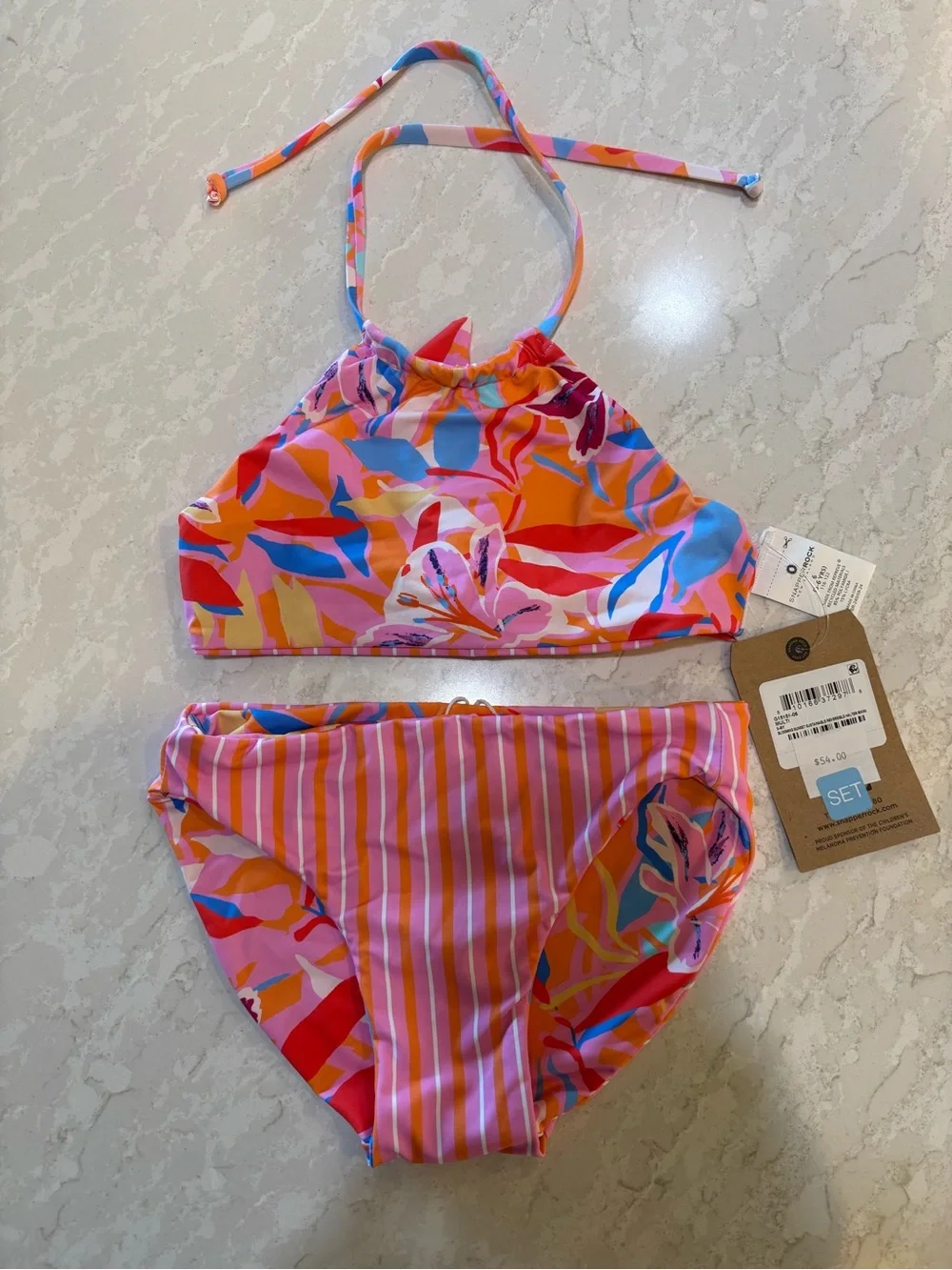 Snapper Rock Pink and Orange Reversible Halter Girls' Bikini Set 5-6Y UPF 50+